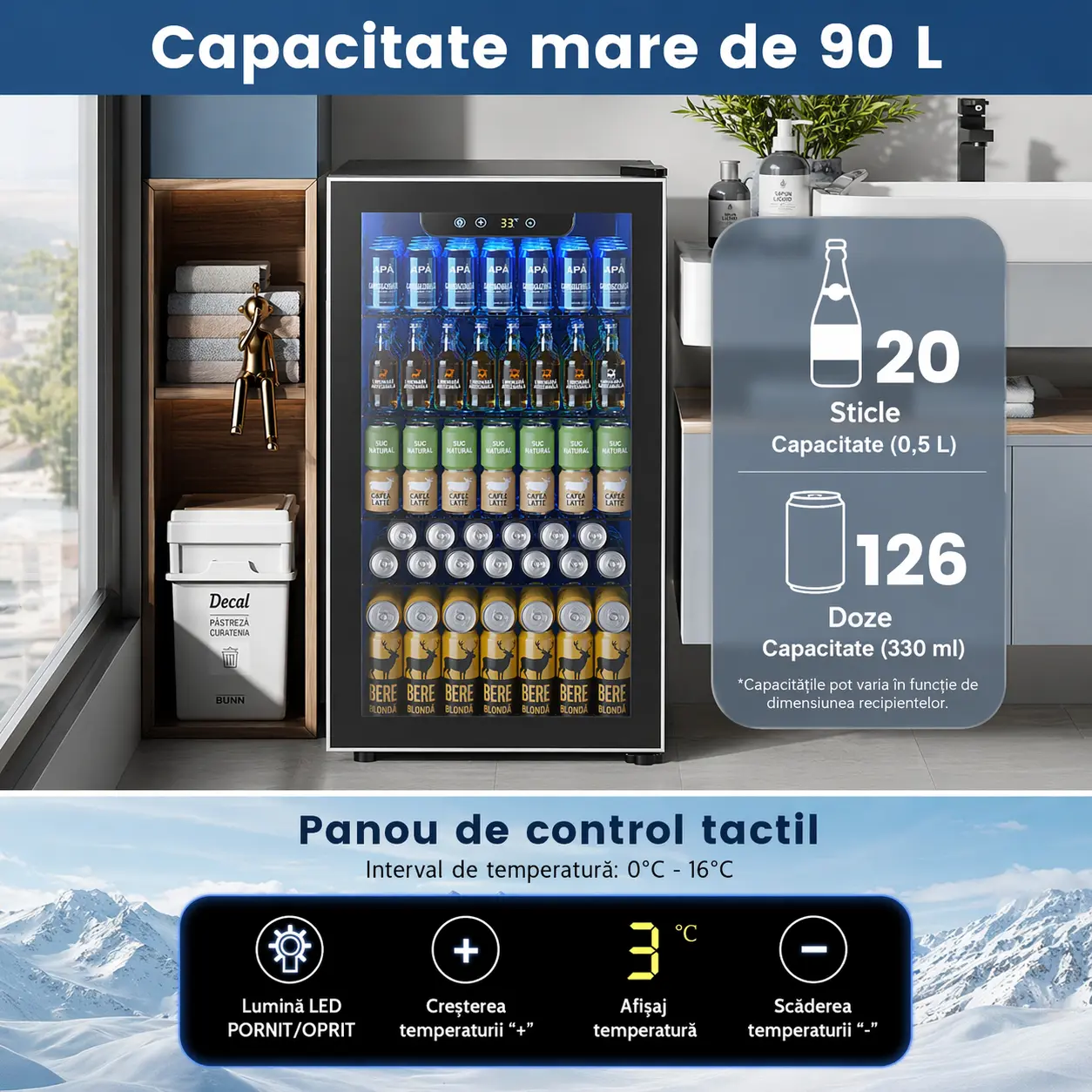 Mini frigider vin și băuturi 90 L ușă sticlă, imagine 2